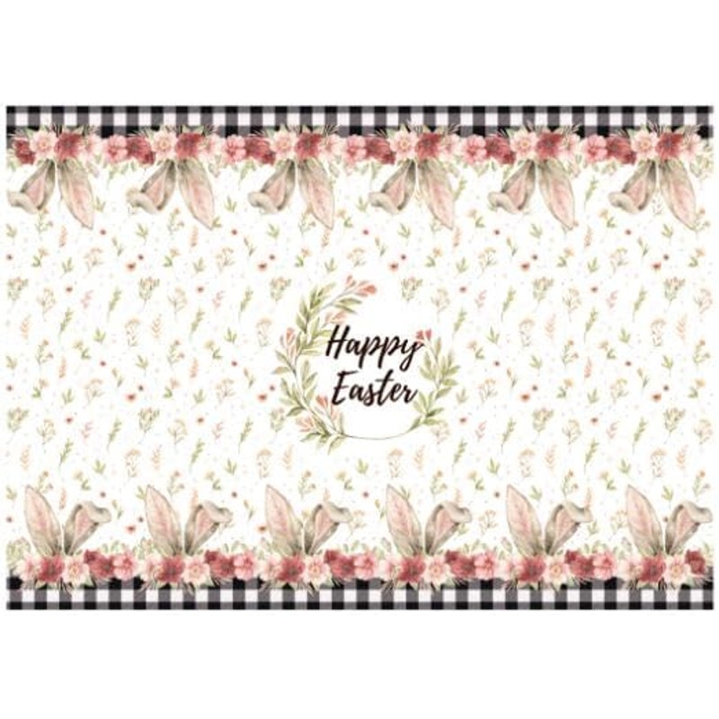 NWT ~ Farmhouse HAPPY EASTER Bunny Ears Flowers Buffalo Check Tablecloth 60 x 84