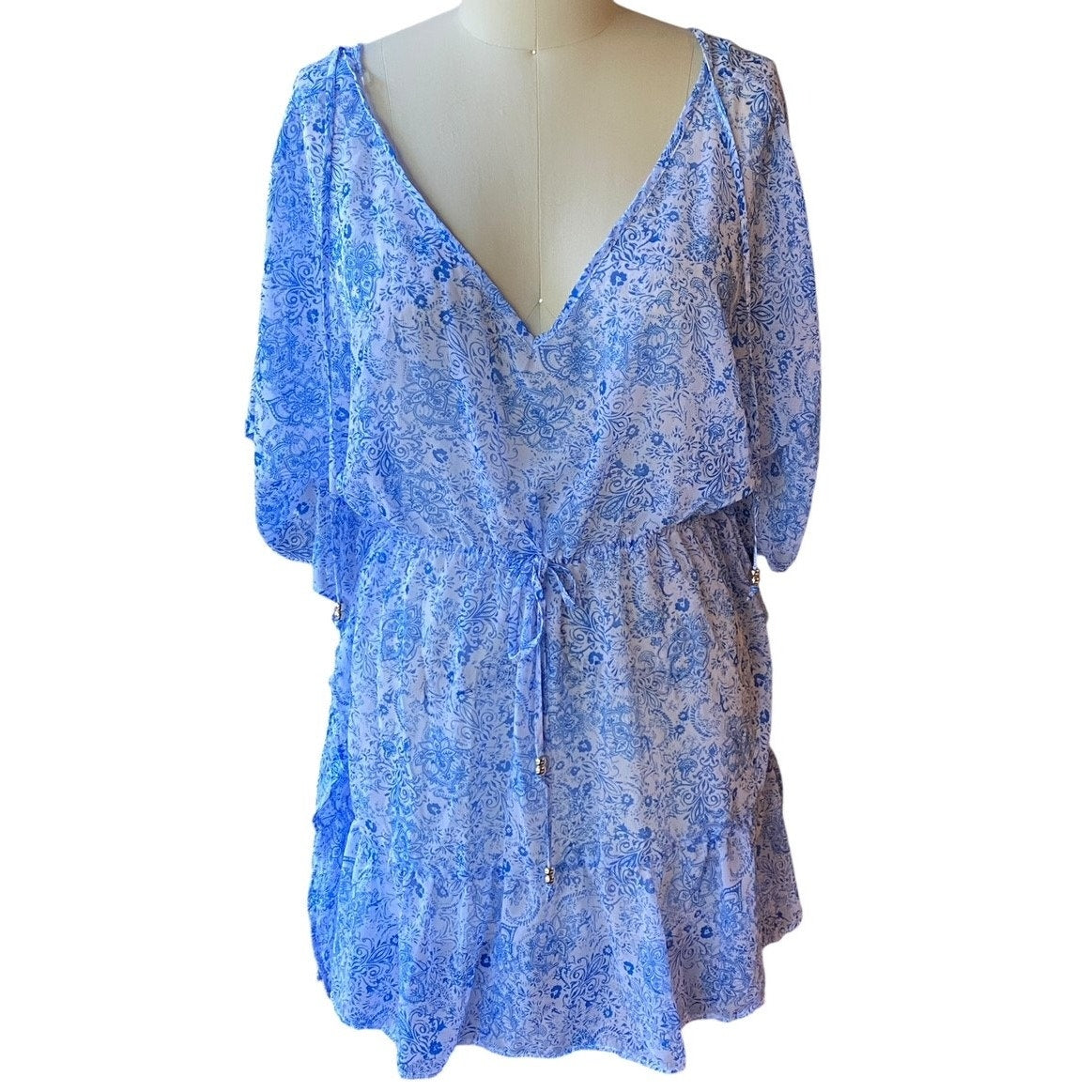 NWT ~ TIME and TRU Ruffle Hem Caftan Tie Front Chiffon Swimsuit Coverup ~ XL