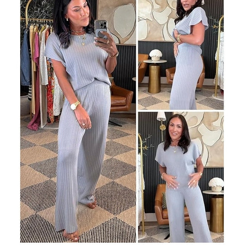 NWT ~ Gray 2pc Ribbed Knit Crewneck Sleeveless Pantsuit Outfit Set ~ Women's MED