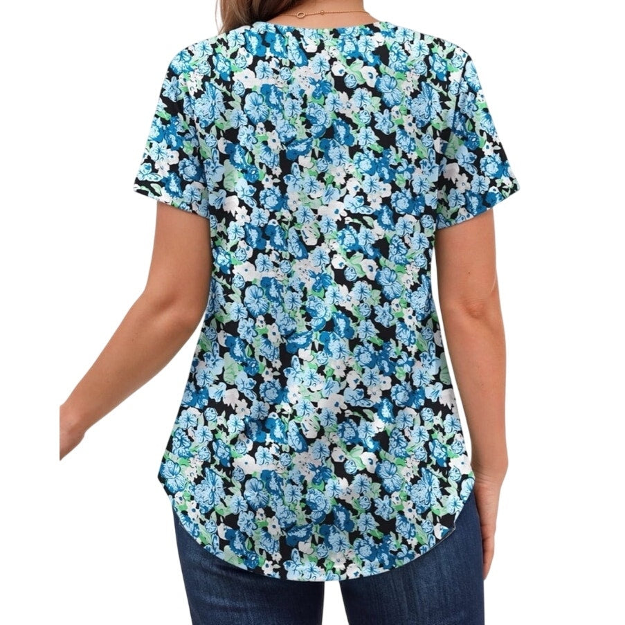 NWT ~ Women's Plus Size Blue Floral Summer Curved Hem V-Neck Summer Top ~ 3X