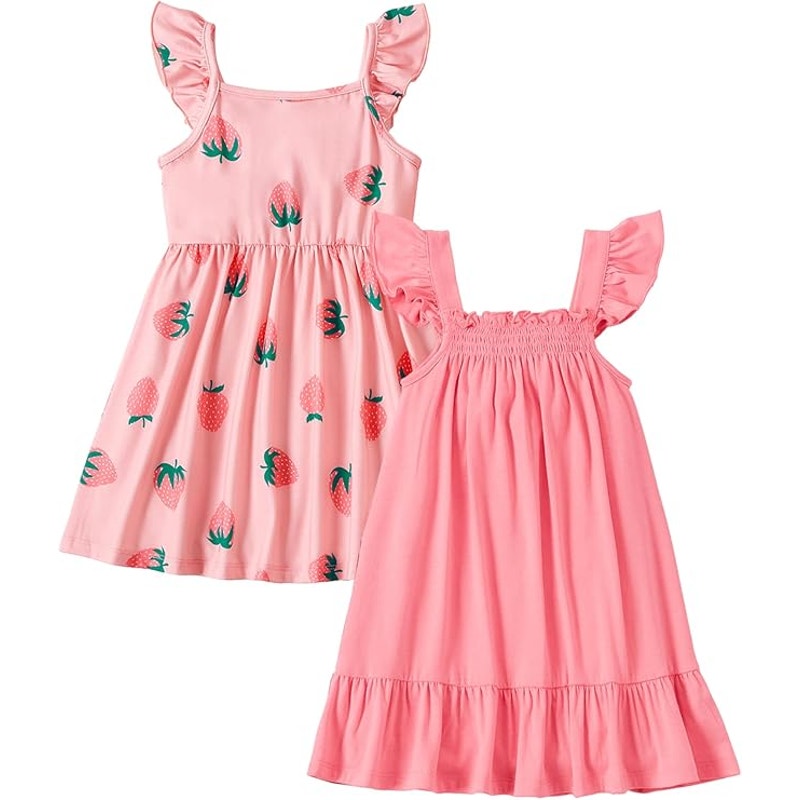 NWT ~ Set/2 Girls Pink Summer Sundresses Dresses Strawberry Ruffles ~ 8-9 Years