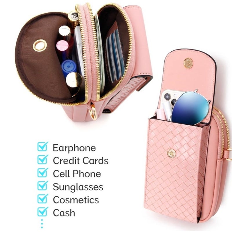 BRAND NEW ~ Small Pink Crossbody Phone Bag Card Slots Headphone Spot Double Zip