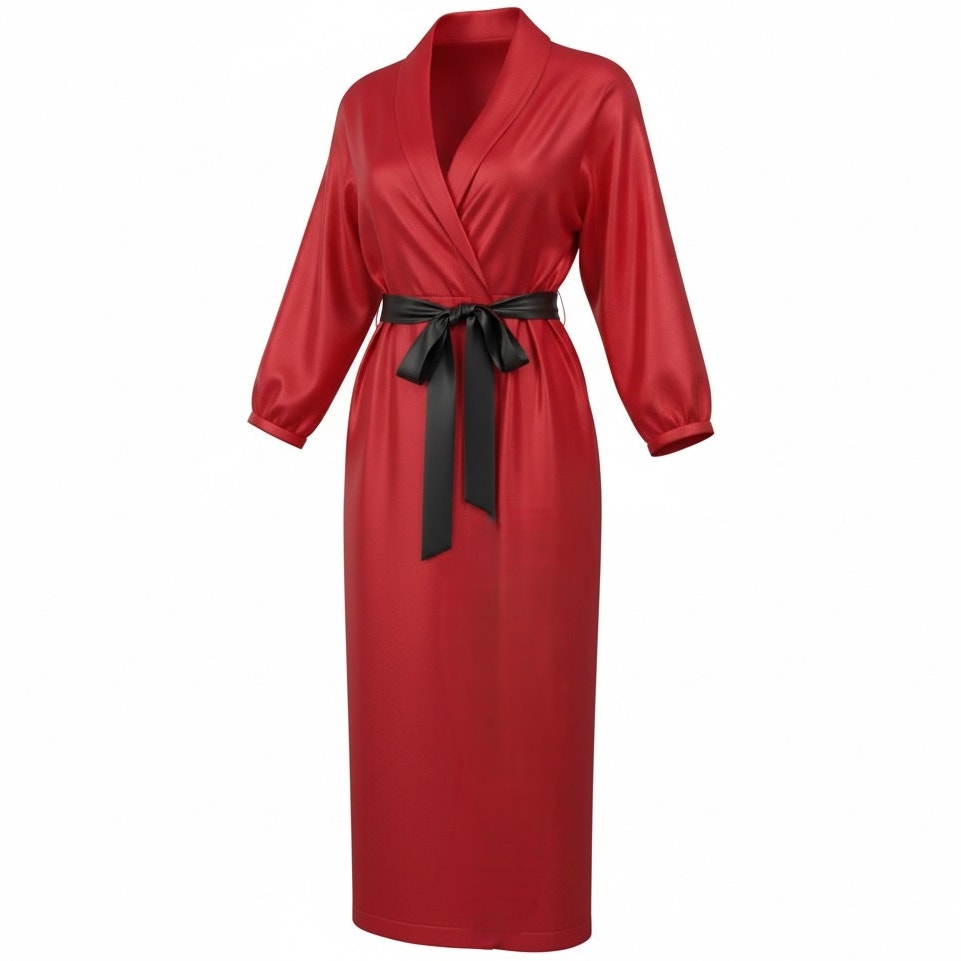 NWT ~ Women's Bright Red Long Midi Satin Dress with Black Tie Sash ~ Size SMALL
