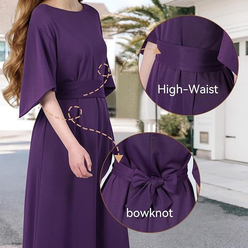 NWT ~ Elegant Purple Midi Dress Wide Bell Sleeves & Belted Waist ~ Women's XL