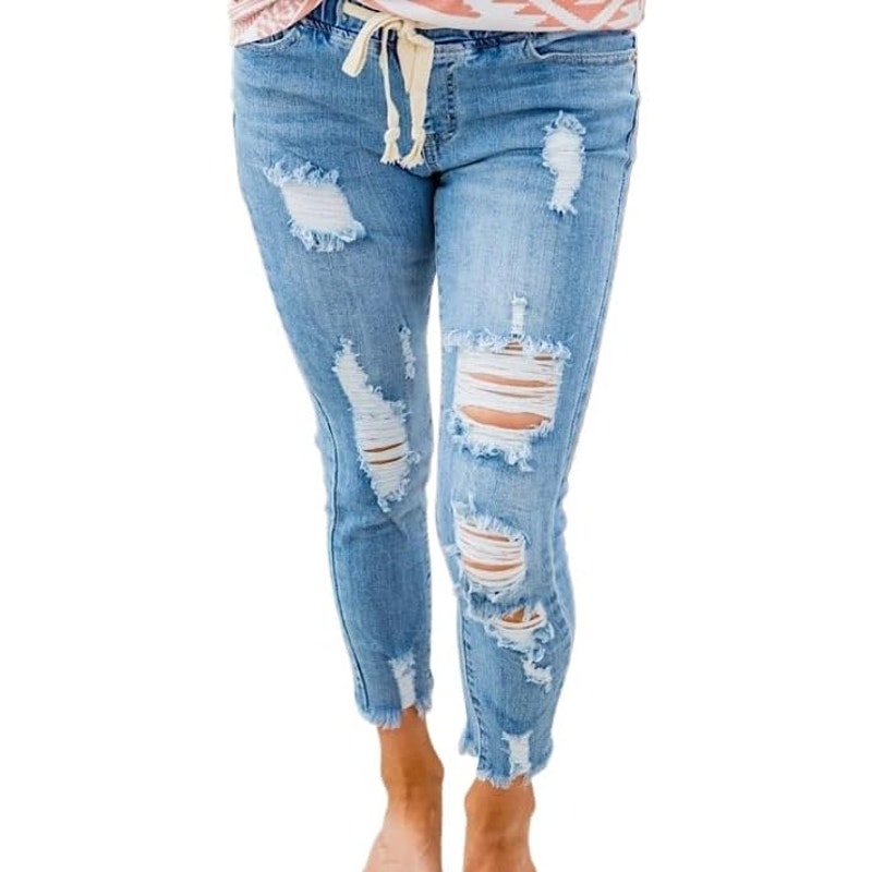 NWT ~ Women's High Waisted Ripped Hole Elastic Waist Boyfriend CAPRI Jeans