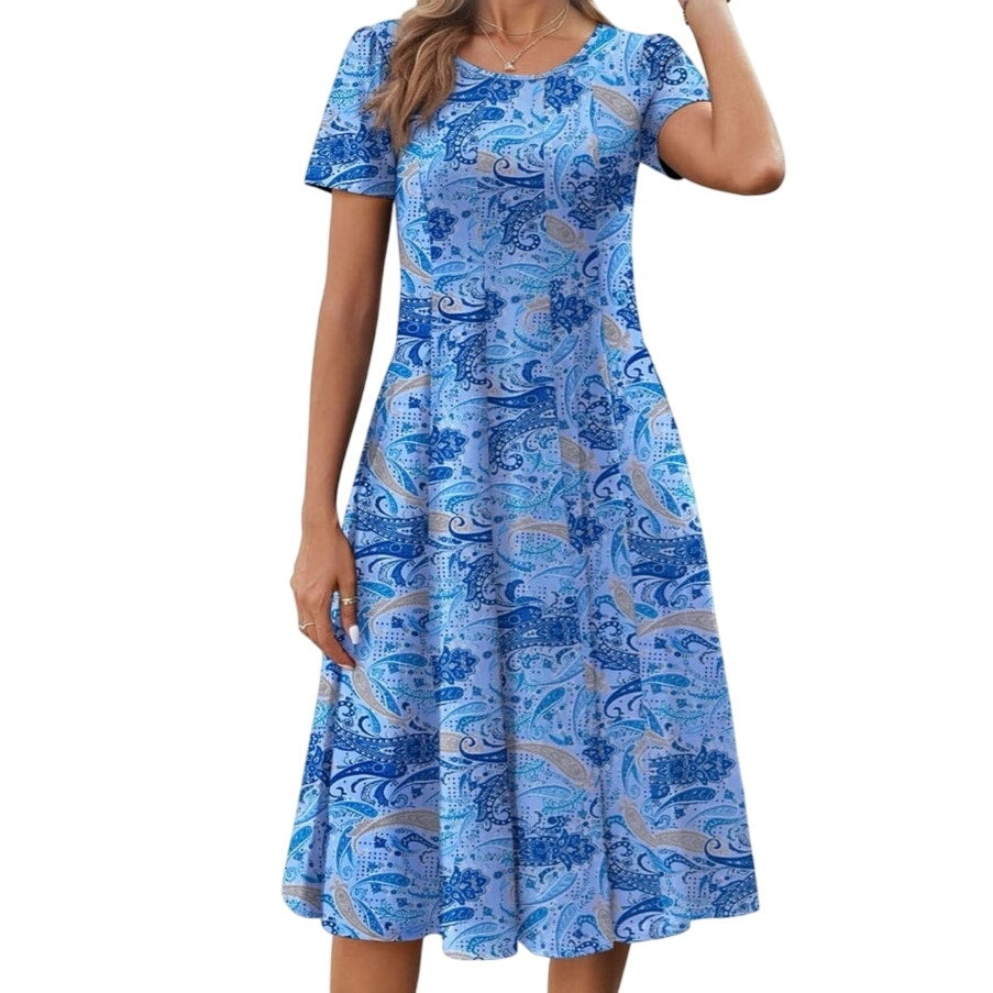 NWT ~ Blue Floral Short Sleeve Pleated Casual Flowy Summer Midi Dress Pockets XL