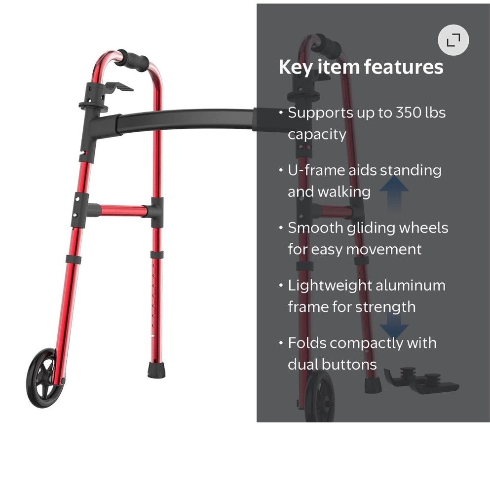 BRAND NEW ~ Red Lightweight Folding Walker for Seniors with Wheels & Skis Glides