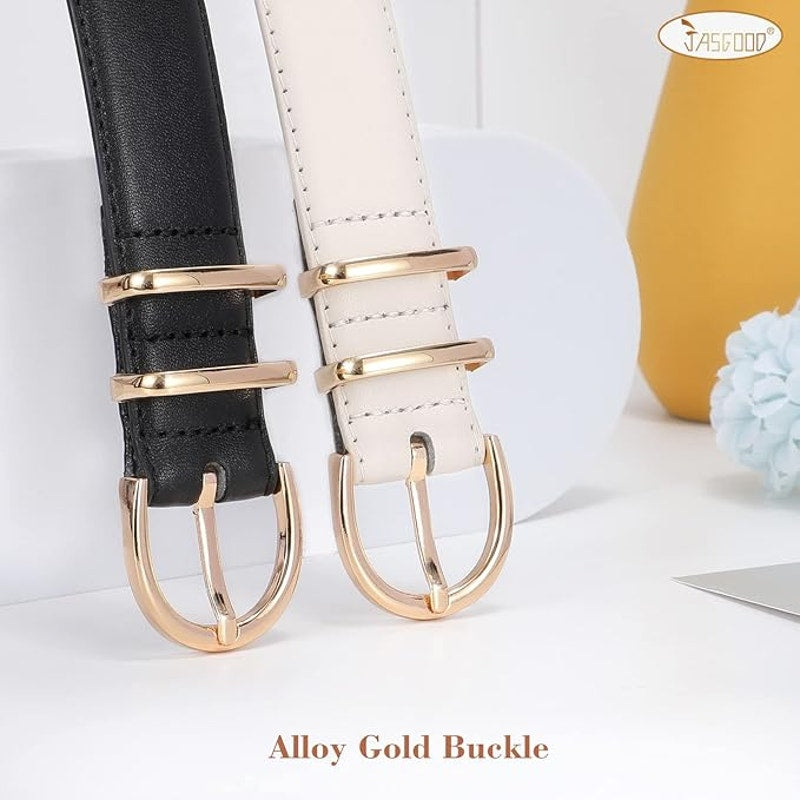 BRAND NEW ~ Women's 2pc Black & Beige Cream Belt Set Gold Buckle ~ 42" Each