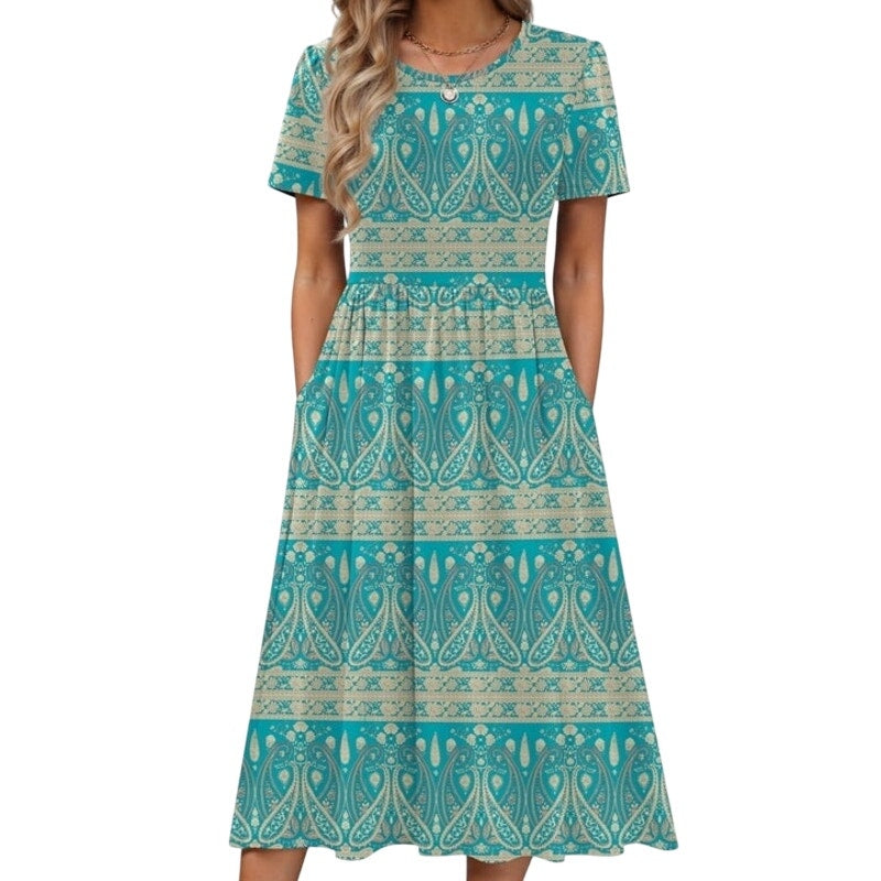 NWT ~ Women's Green & Beige Summer Casual S/S T-Shirt Midi Beach Dress ~ MEDIUM