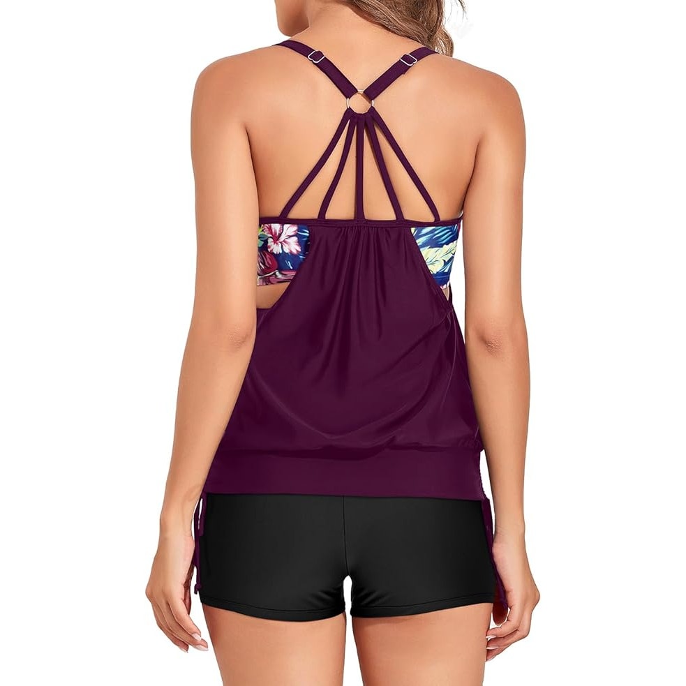 NWT ~Two Piece Black & Burgundy Tankini Swimsuit Bathing Suit Boy Shorts ~ XL