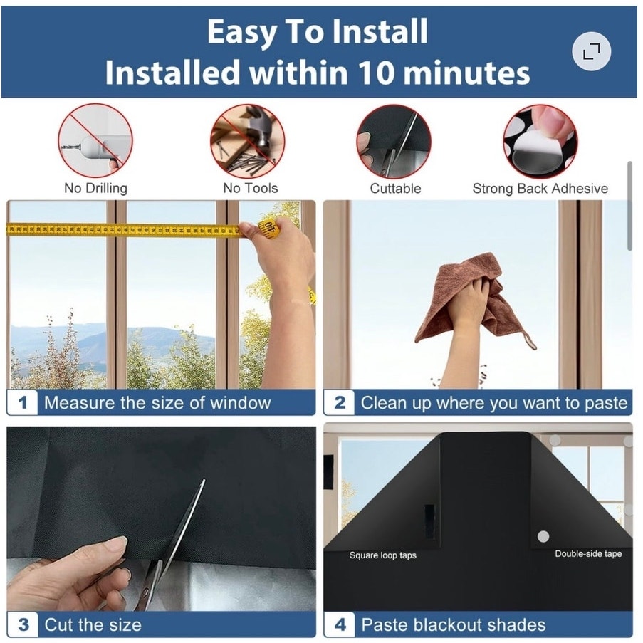 BRAND NEW Black 100% Portable No Drill 138" x 59" Blackout Window Film Curtains