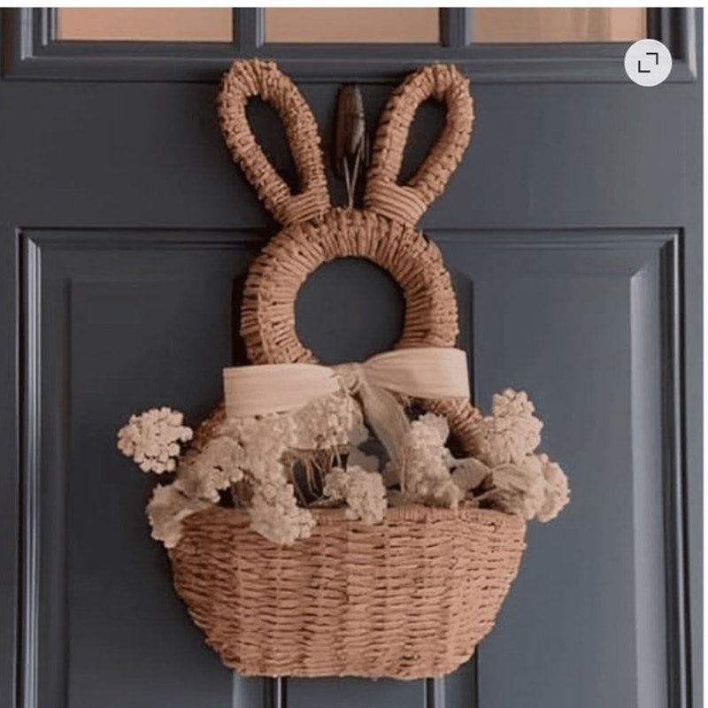 BRAND NEW ~ Hand-woven Wicker Bunny Basket Hanging Wall or Door Wreath Pocket