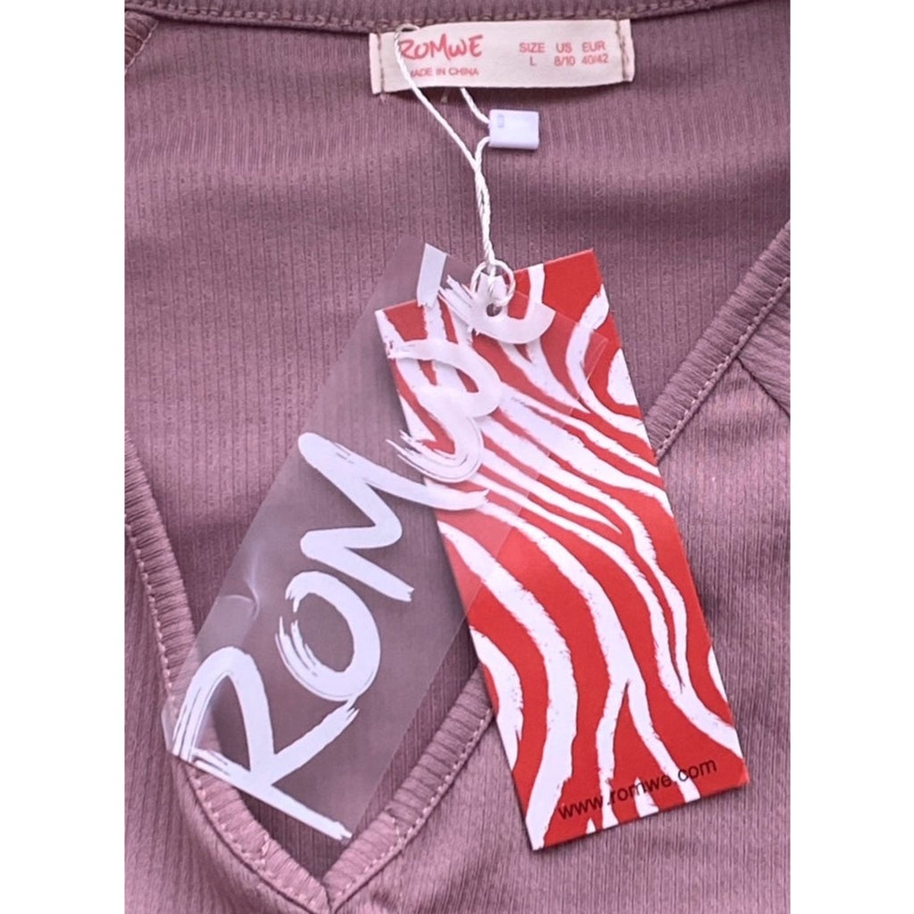 NWT ~ ROMWE Pink Ribbed Front Tie Cropped Long Sleeve Top ~ Women's Size LARGE