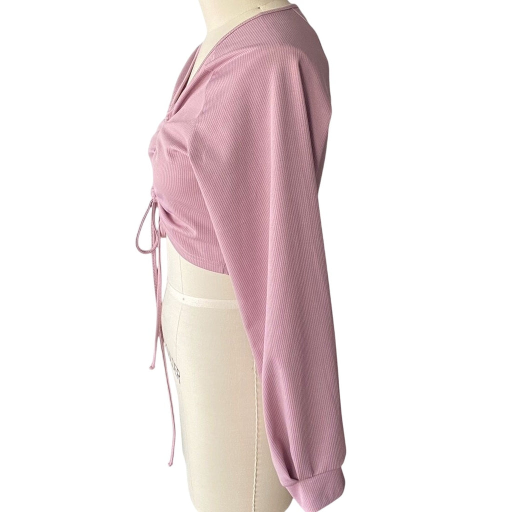 NWT ~ ROMWE Pink Ribbed Front Tie Cropped Long Sleeve Top ~ Women's Size LARGE