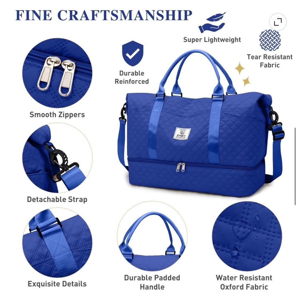 BRAND NEW Royal Blue Quilted Travel Overnight Duffle Bag Weekender & Wet Pocket