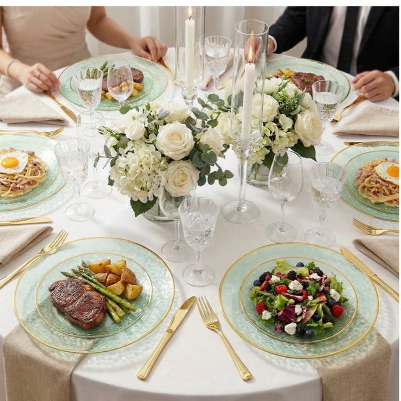 BRAND NEW ~ Set/197 Clear Green Hammered Plastic Plates with Gold Rim ~ 7" & 10"