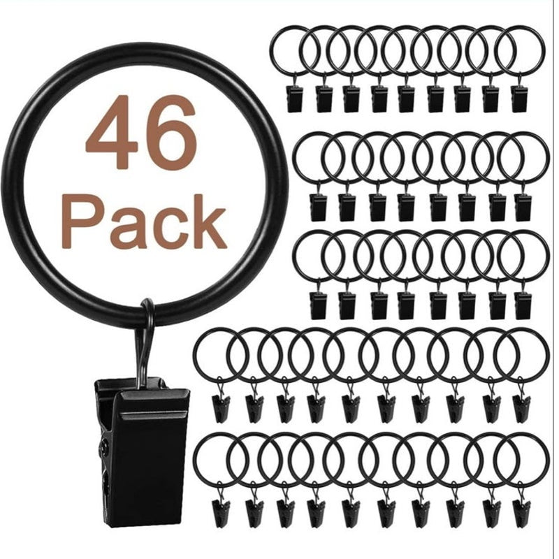 BRAND NEW ~ Set/46 Black Metal Curtain Rings & Clips Drapes Rod 1" Interior Diam