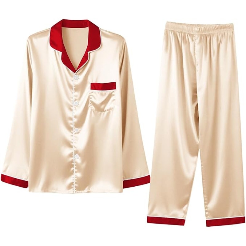 NWT ~ Children's Cream & Red Satin Pajamas Unisex Boys Girls Youth PJ's ~ Size 8