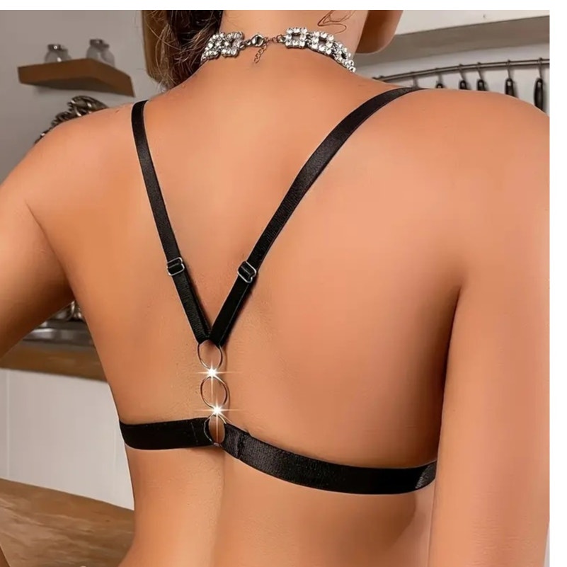 NWT ~ Set/ 3 Black Lace Front Closure Cross Back & Metal Rings Bras ~ MEDIUM