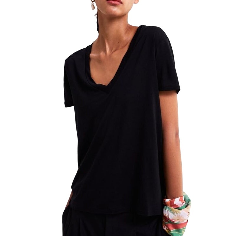 NWT ~ ZARA Lyocell Collection Black V-Neck Short Sleeve Top ~ Women's Size SMALL
