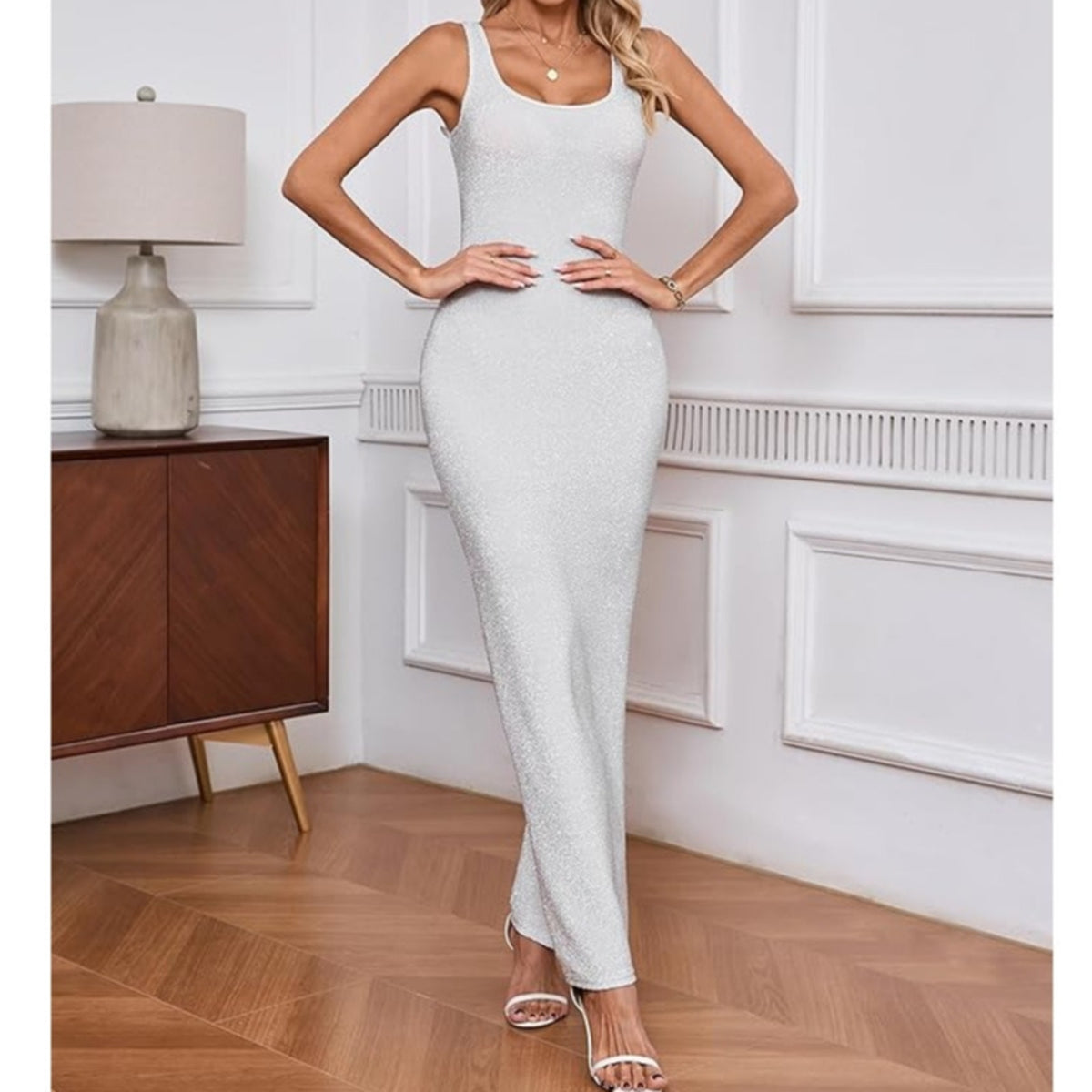 NWT ~ Sexy Metallic Silver Gray Backless Bodycon U Neck Tank Stretchy Dress ~ SM
