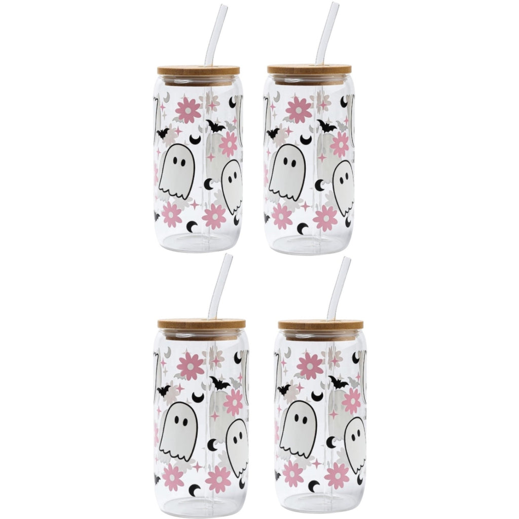 NWT ~ Set/4 Halloween Ghost & Bat 16 oz Glass Bamboo Lid Glass Straw & Brush