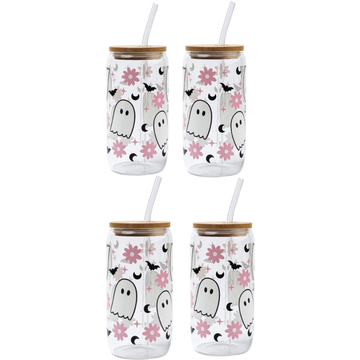 NWT ~ Set/4 Halloween Ghost & Bat 16 oz Glass Bamboo Lid Glass Straw & Brush
