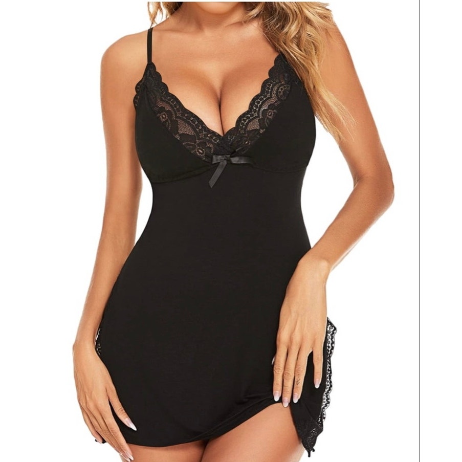 NWT ~ Black Lace V-Neck Spaghetti Strap Babydoll Nighty & Thong ~ Plus Size XXL