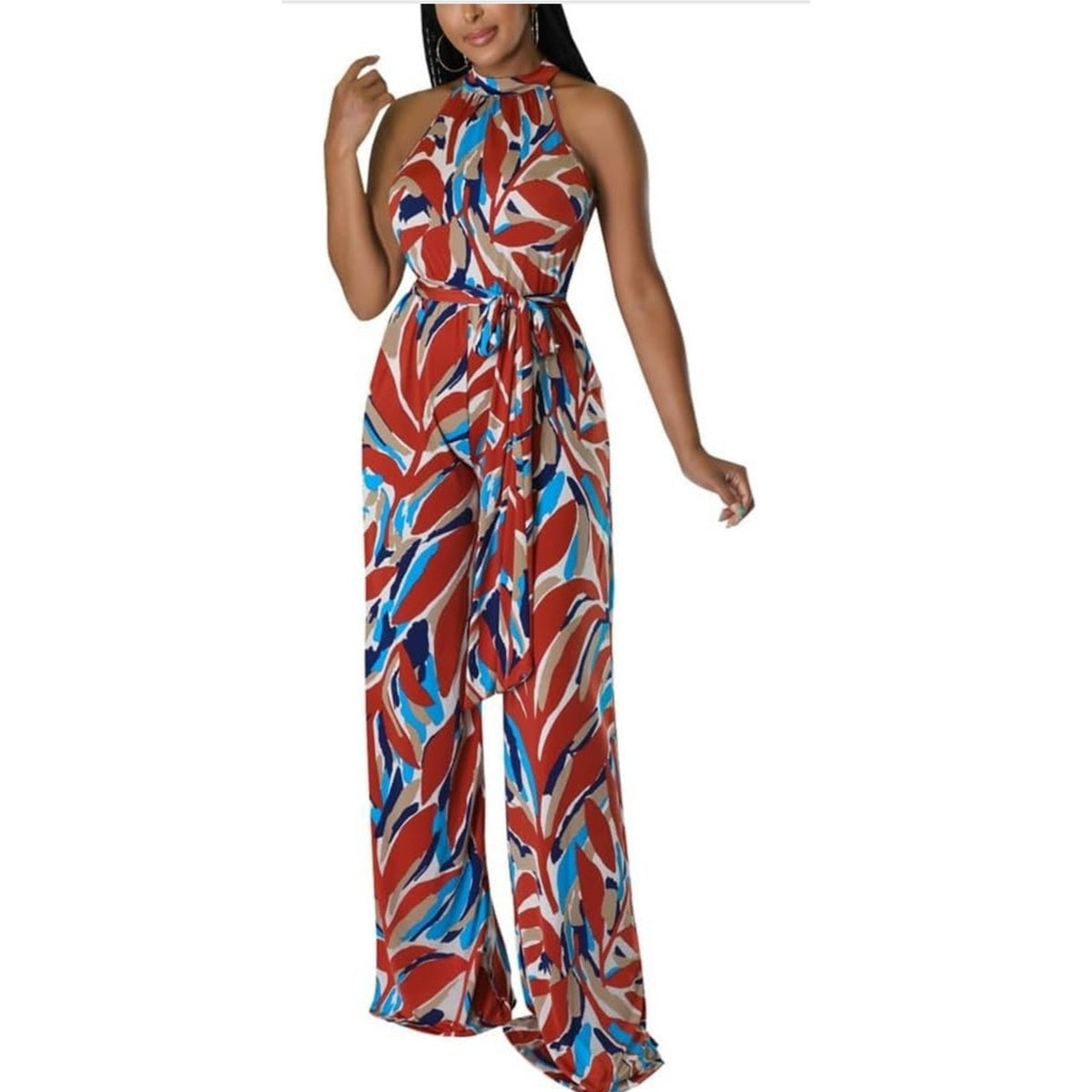 NWT ~ Women's Plus Size Red Abstract Tropical Sleeveless Wide Leg Jumpsuit ~ 2X