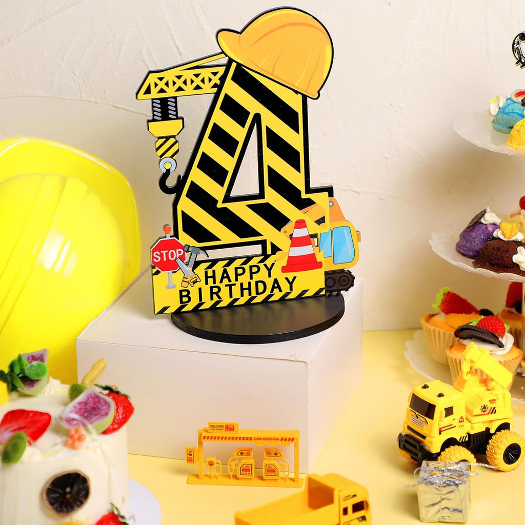 BRAND NEW ~ 4th Happy Birthday Yellow Construction Hard Hat Wooden Excavator