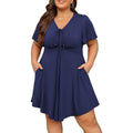 NWT ~ Navy Blue Ruched Tie Front Flowy Skirt Cap Sleeves Mini Dress ~ Womens XL