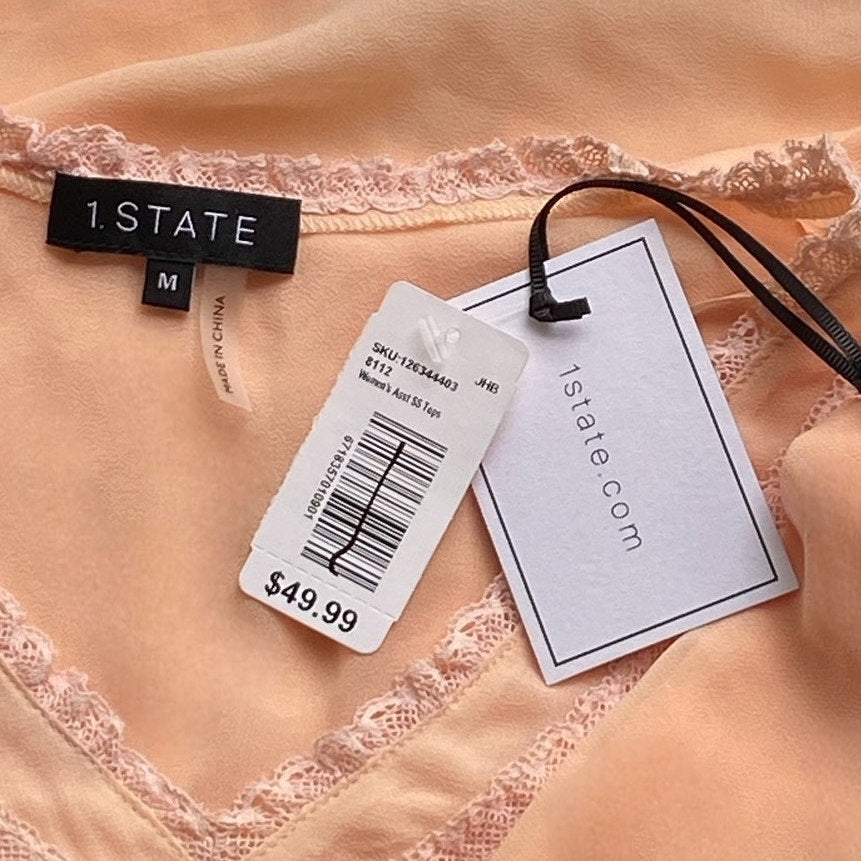 NWT ~ 1.STATE Peach Boho Lace Feminine Bohemian Short Sleeve Blouse ~ MEDIUM