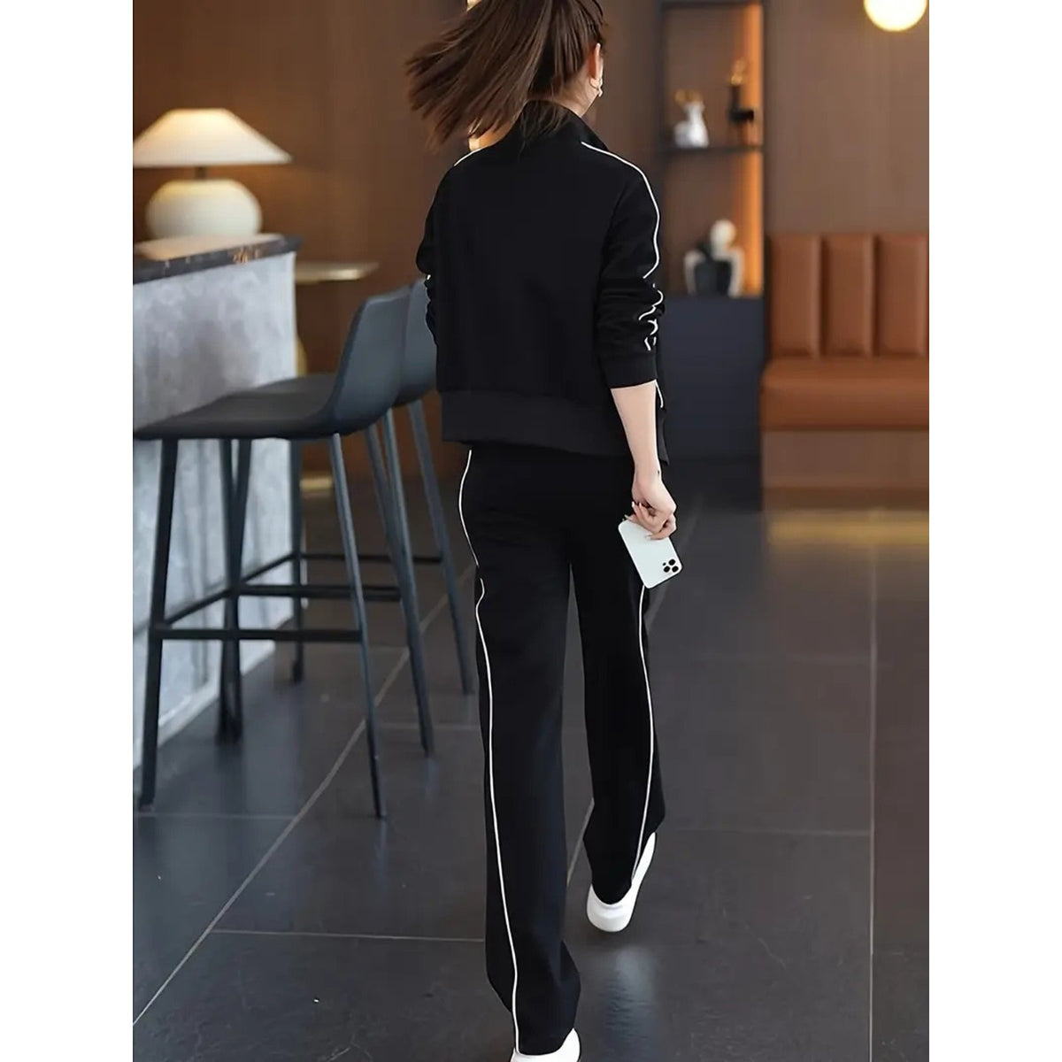NWT ~ 2 Piece Black Casual Track Suit Sweatsuit White Trim Activewear ~ Size 2