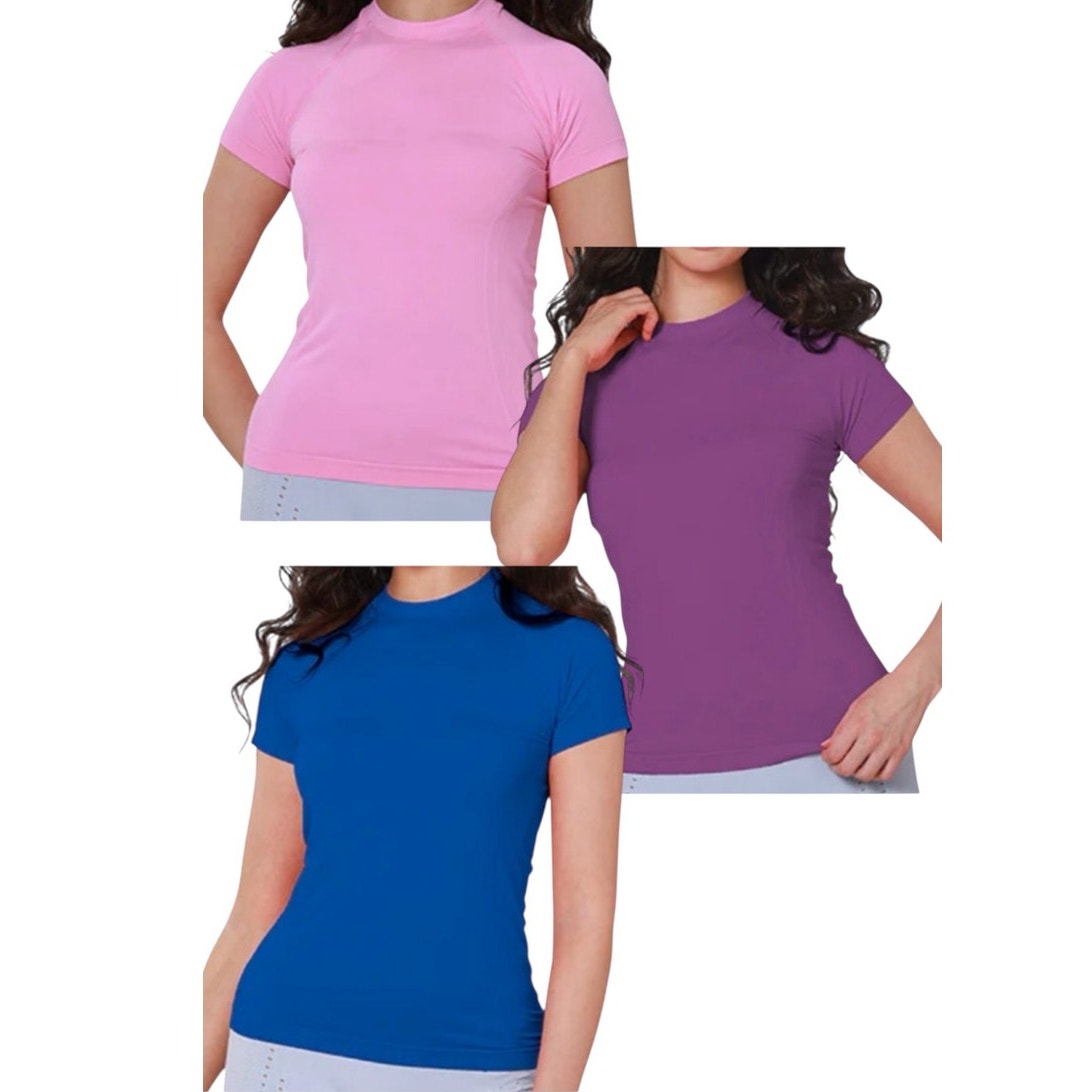 NWT ~ Set/3 Women's Quick Dry Seamless Short Sleeve Workout Shirts ~ Size MEDIUM