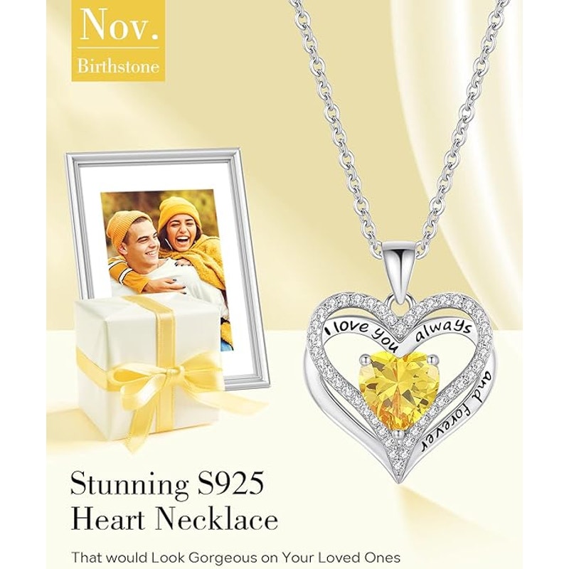 BRAND NEW ~ Sterling Silver Necklace Heart Love Citrine Cubic Zirconia Pendant