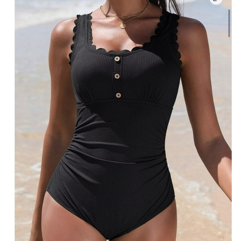 NWT ~ Black Scalloped Ribbed One Piece Tummy Control Button Down Swimsuit LARGE