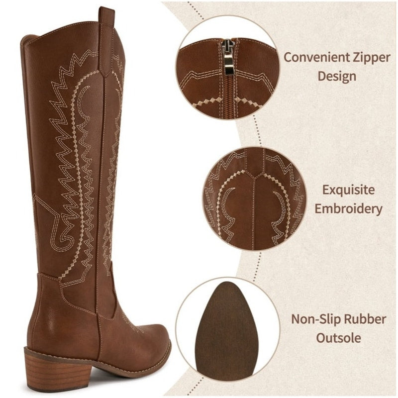NWT ~ Womens Cowboy Boots Embroidered Western Cowgirl Chunky Heel Boots ~ Size 9