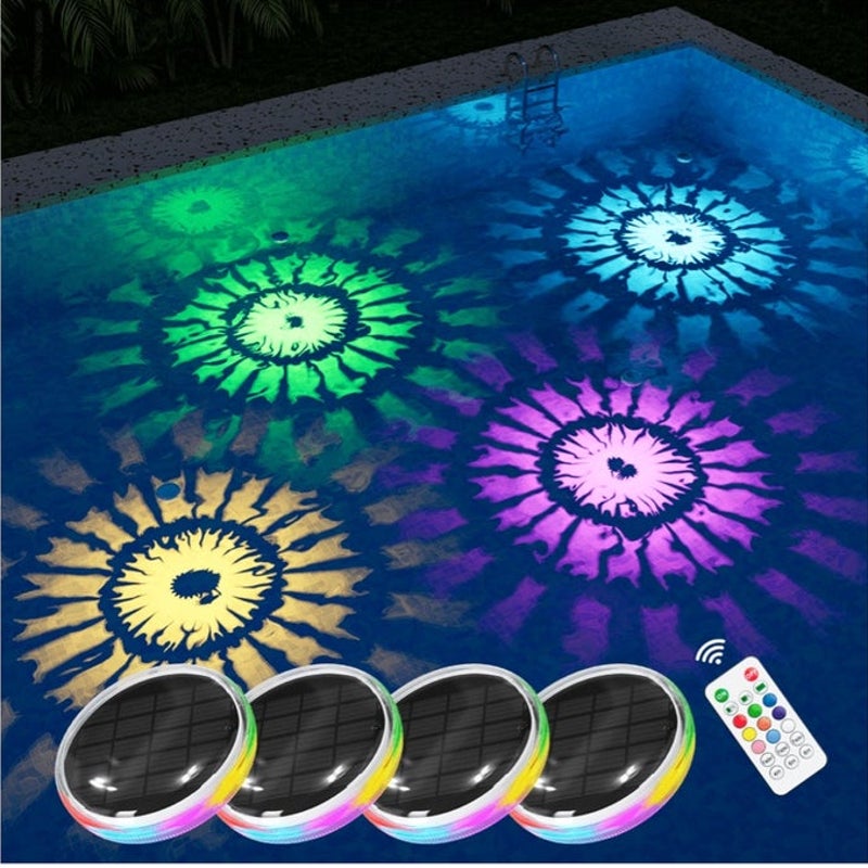 BRAND NEW ~ Set/4 Waterproof RGB Solar Floating Colorful Pool Lights & Remote