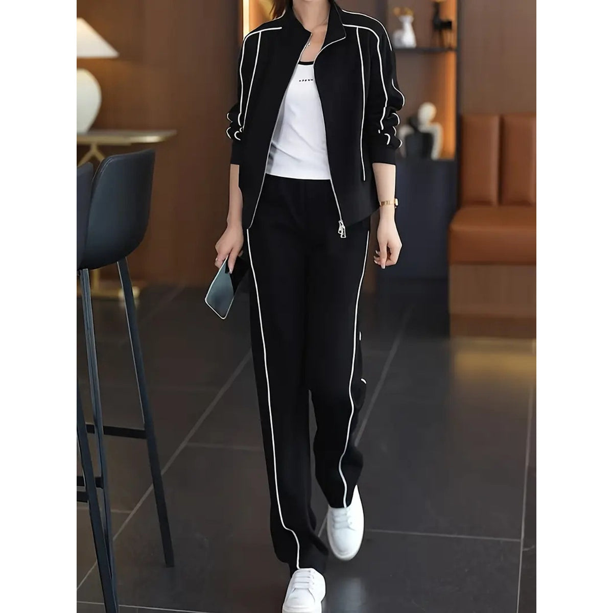 NWT ~ 2 Piece Black Casual Track Suit Sweatsuit White Trim Activewear ~ Size 2