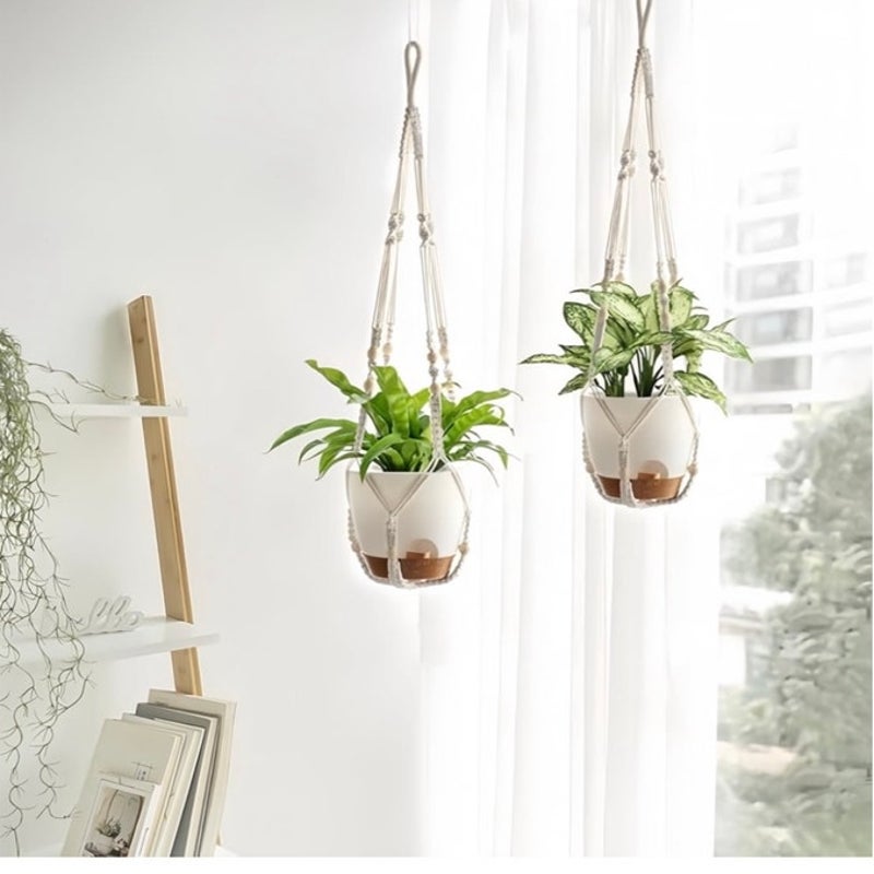 BRAND NEW ~ Set/3 White Hanging Planters & Cotton Rope Pot Hangers & Hooks