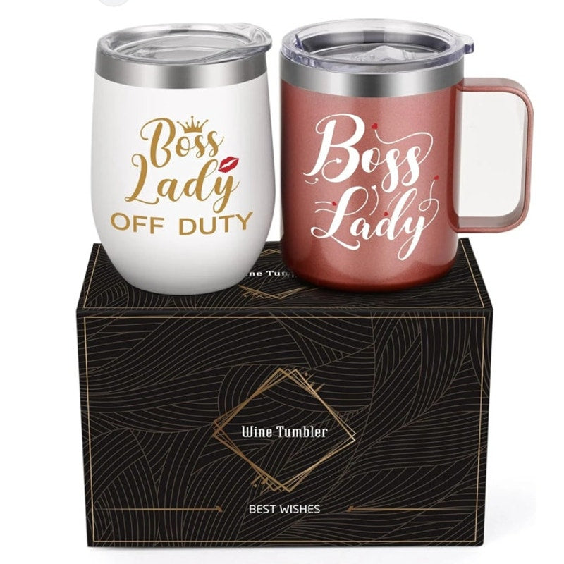 BRAND NEW ~ 12oz Stainless Steel "Boss Lady" Vacuum Insulated Tumbler Set & Acc.