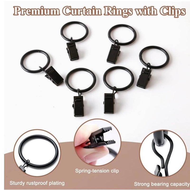 BRAND NEW ~ Set/46 Black Metal Curtain Rings & Clips Drapes Rod 1" Interior Diam