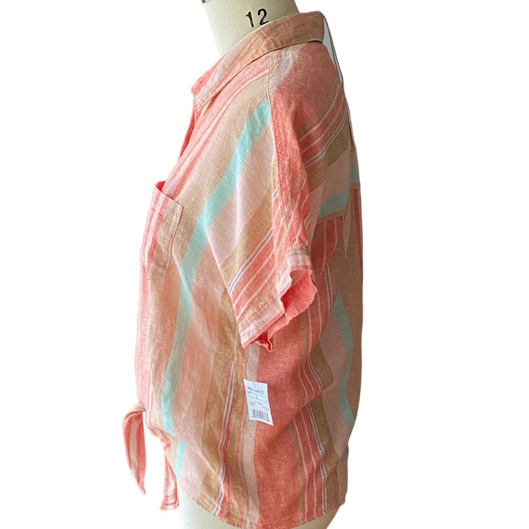 NWT ~ Linen BEACH LUNCH LOUNGE Short Sleeve Tie Waist Blouse ~ Women's LARGE