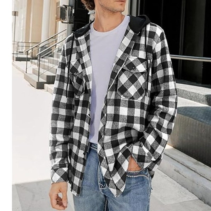 NWT ~ Men's White & Black Cotton Flannel Long Sleeve Hoodie Button Shirt ~ 2XL