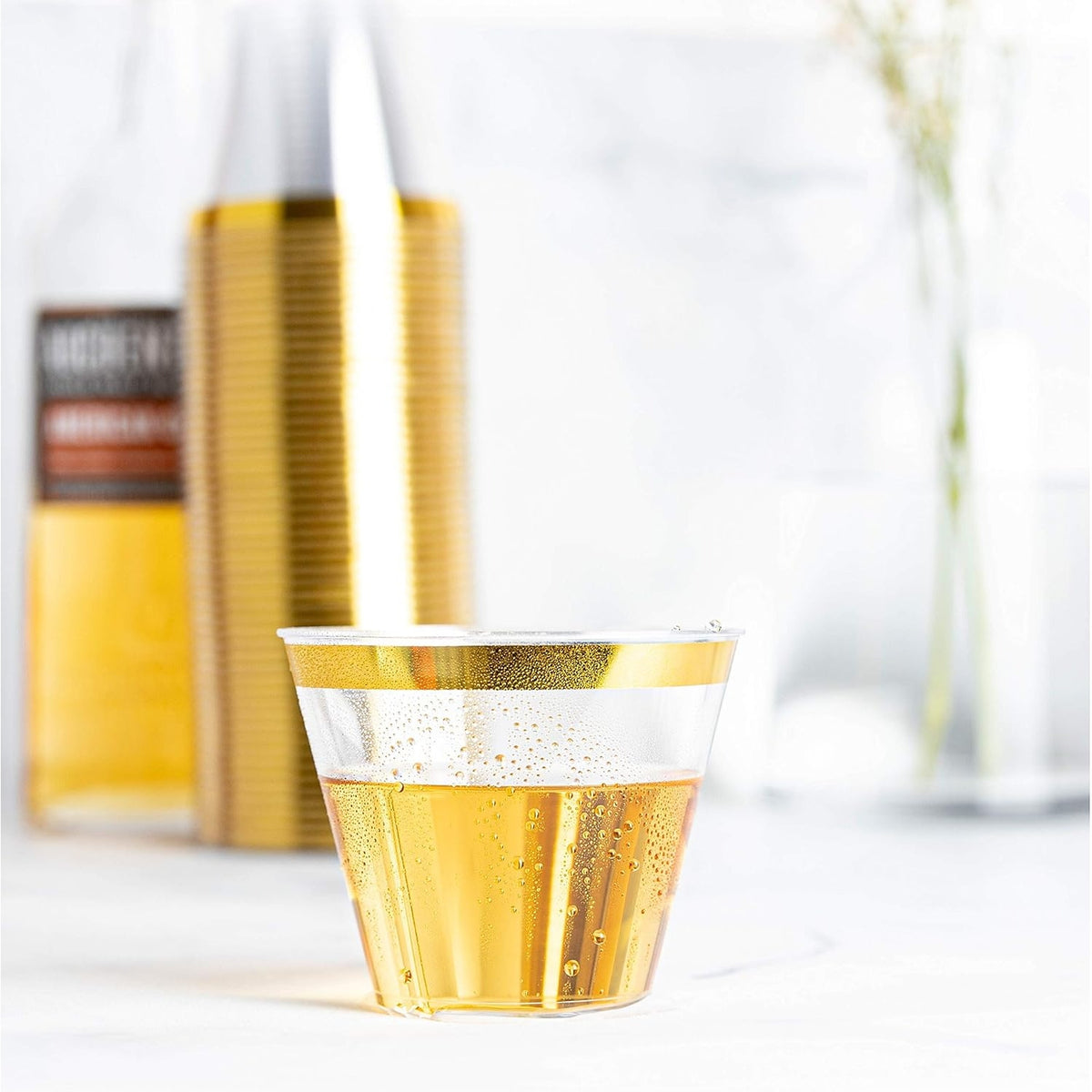 BRAND NEW ~ Set/200 ~ 9 oz Disposable Gold Rim Plastic Old Fashioned Party Cups
