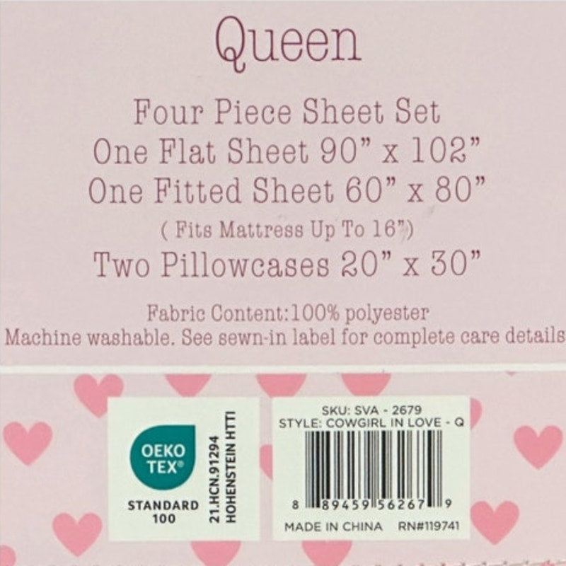NWT ~ 4 pc Cowgirl In Love QUEEN SIZE Valentines Bed Sheets Cowboy Hats & Boots