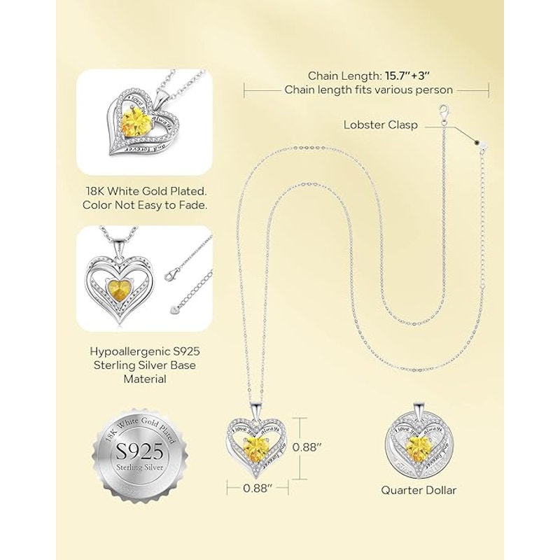 BRAND NEW ~ Sterling Silver Necklace Heart Love Citrine Cubic Zirconia Pendant