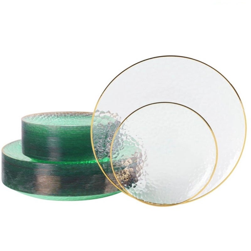 BRAND NEW ~ Set/197 Clear Green Hammered Plastic Plates with Gold Rim ~ 7" & 10"