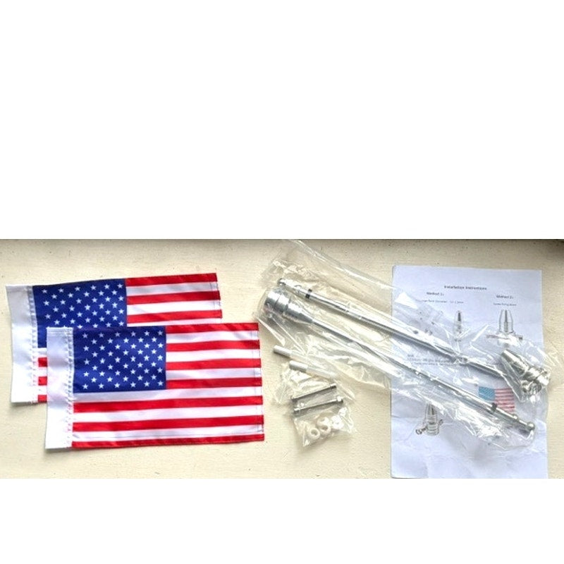 BRAND NEW ~ Set/2 Universal Motorcycle Flagpoles Mounts & American Flags USA