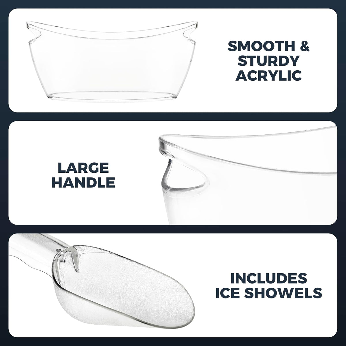 BRAND NEW ~ Set/3 Large Clear Ice Buckets Party Beverage Tub w/ Handles & Scoop